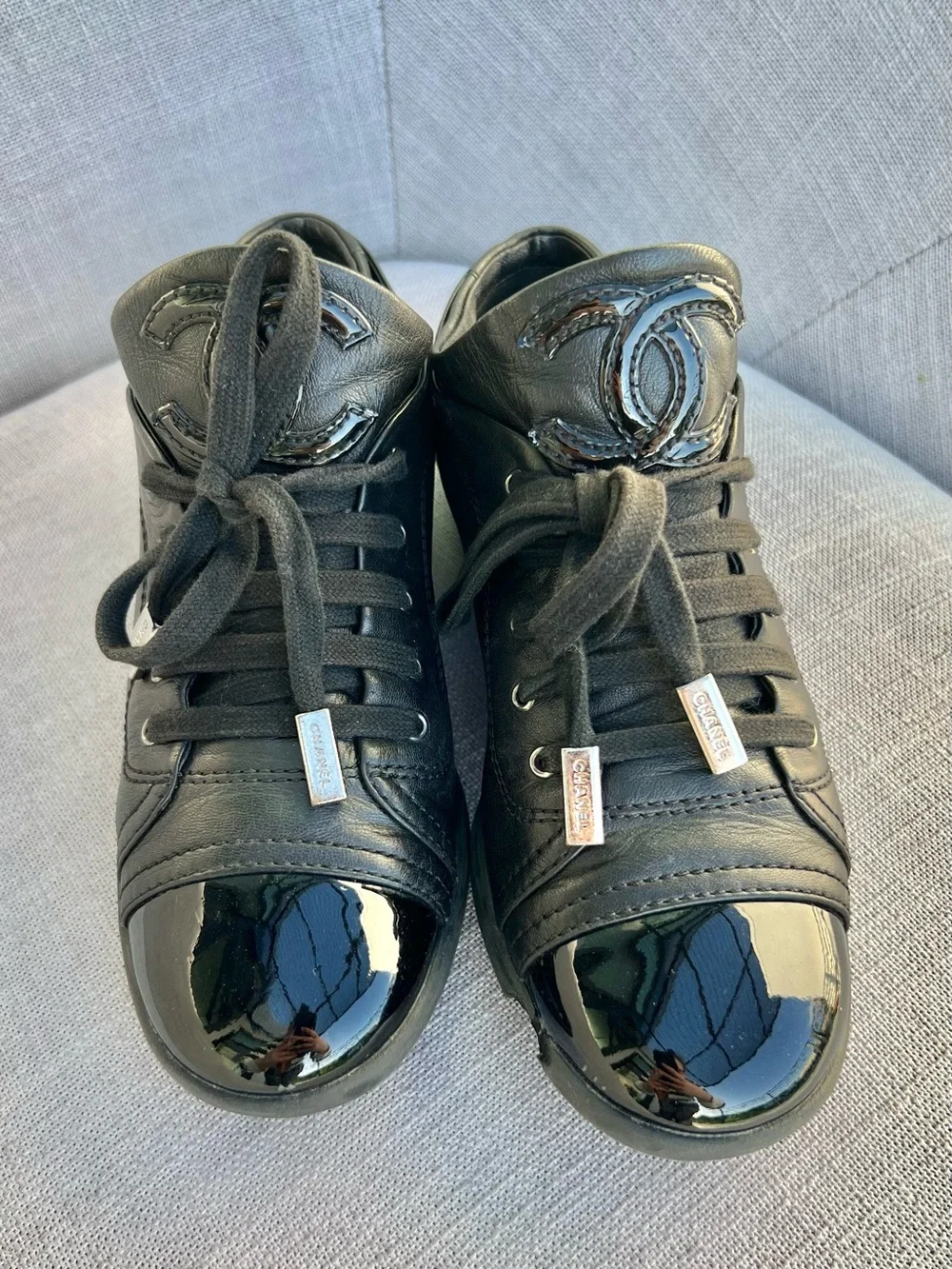 Chanel Lambskin Patent Cap Toe CC Sneakers